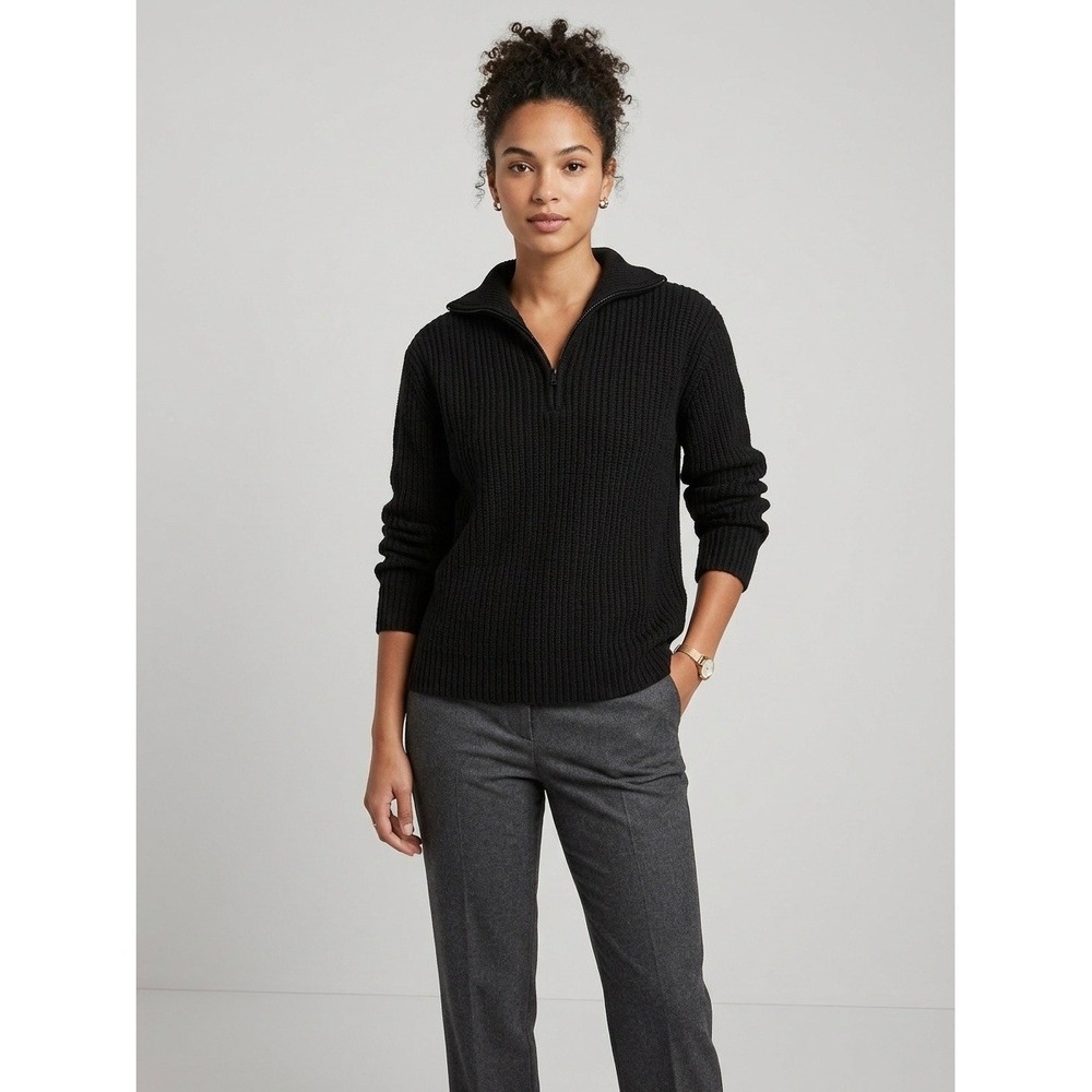 Banana Republic Wool Camel Hair Quarter Zip Sweater Black Waffle Knit Large